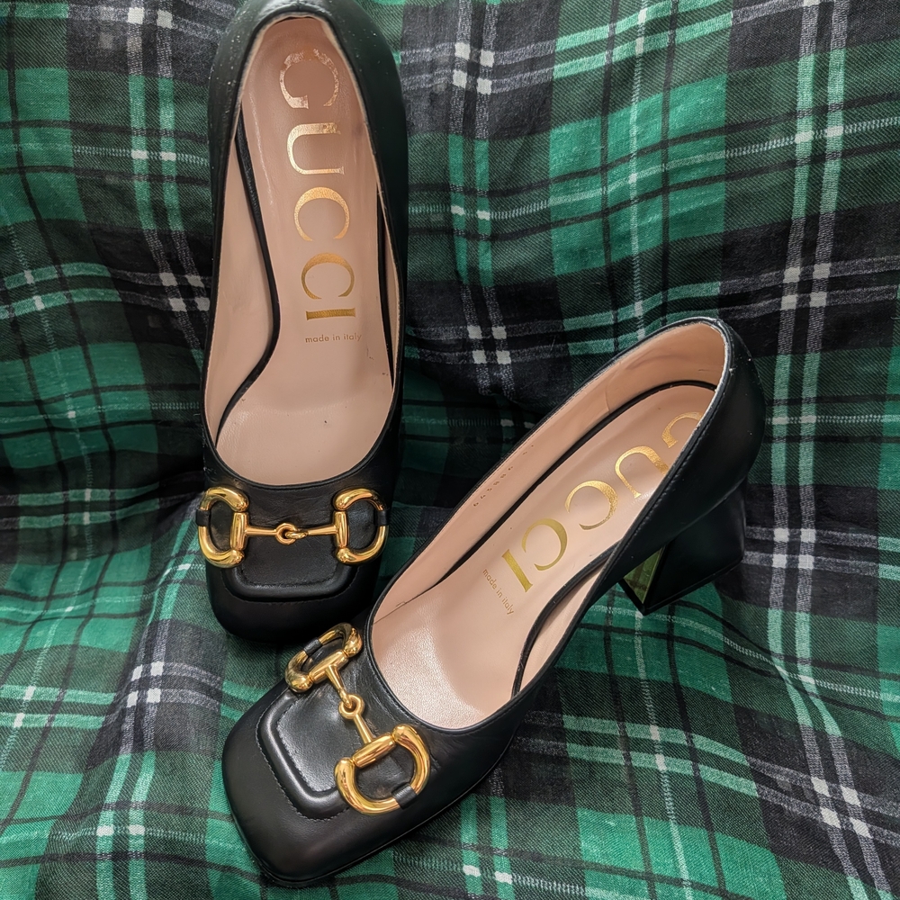 Gucci Black Leather Heels & Gold Detailing